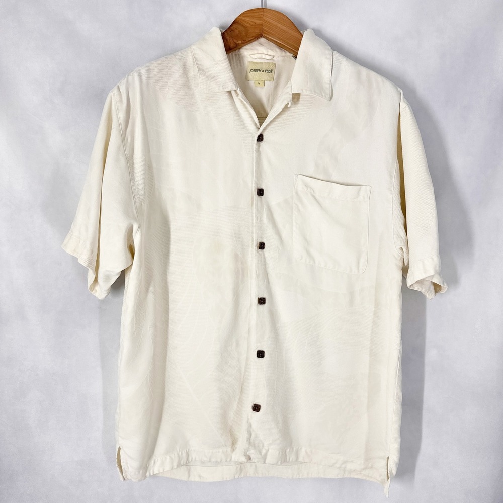 Vintage Joseph & Feiss Silk Short Sleeve Palm Jacquard Ivory Shirt Mens Large